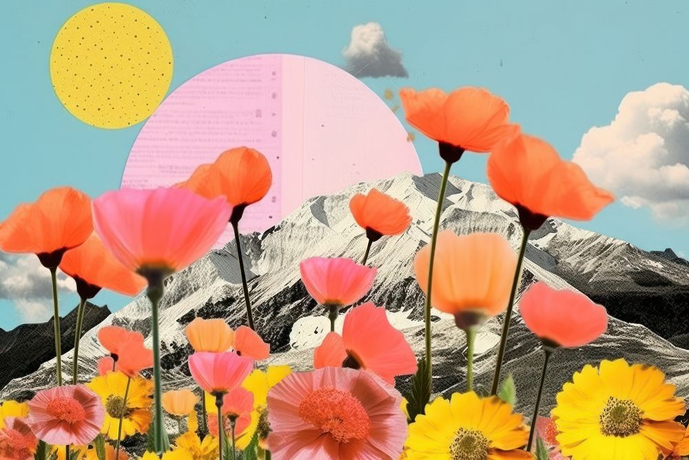 Collage Retro dreamy flowers mountain outdoors nature.