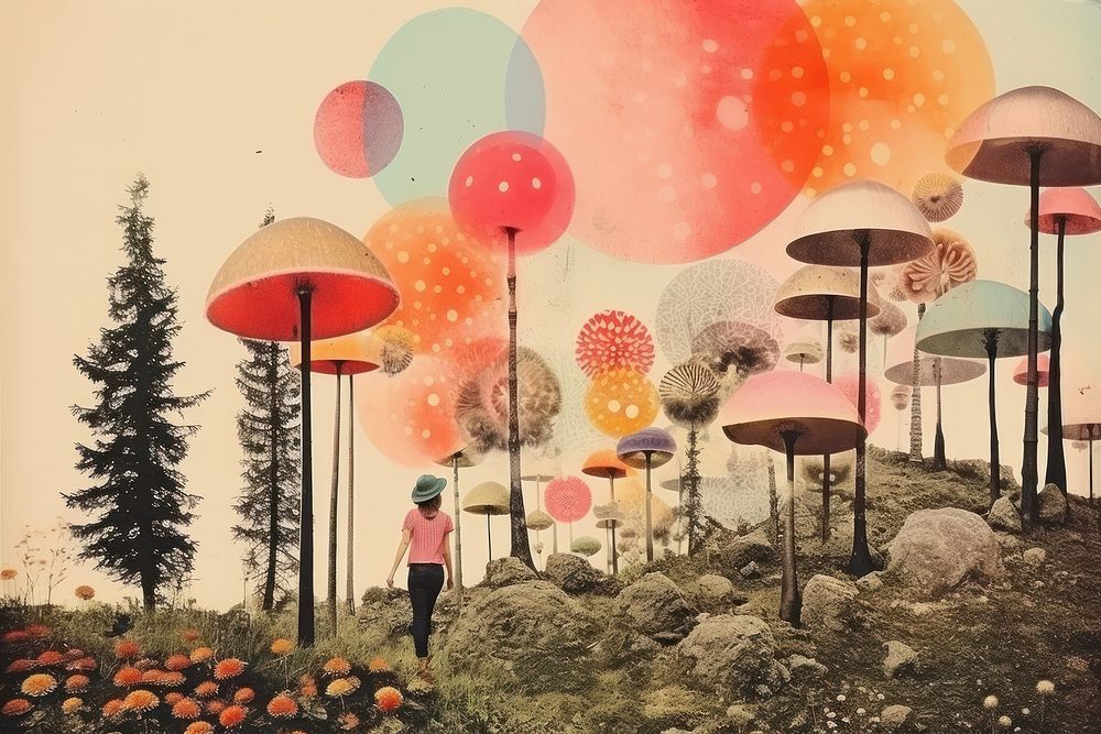 Collage Retro dreamy forest outdoors drawing plant.