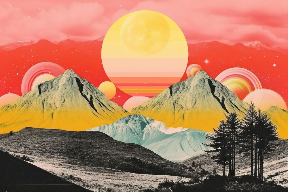 Collage Retro dreamy landscape mountain outdoors painting.