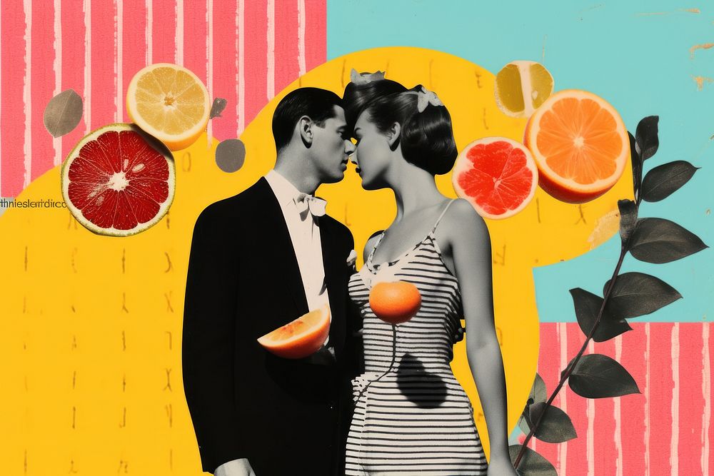 Collage Retro dreamy love grapefruit kissing adult.