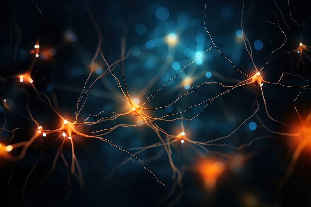Minimalist of neurons with an orange and yellow light night blue illuminated.