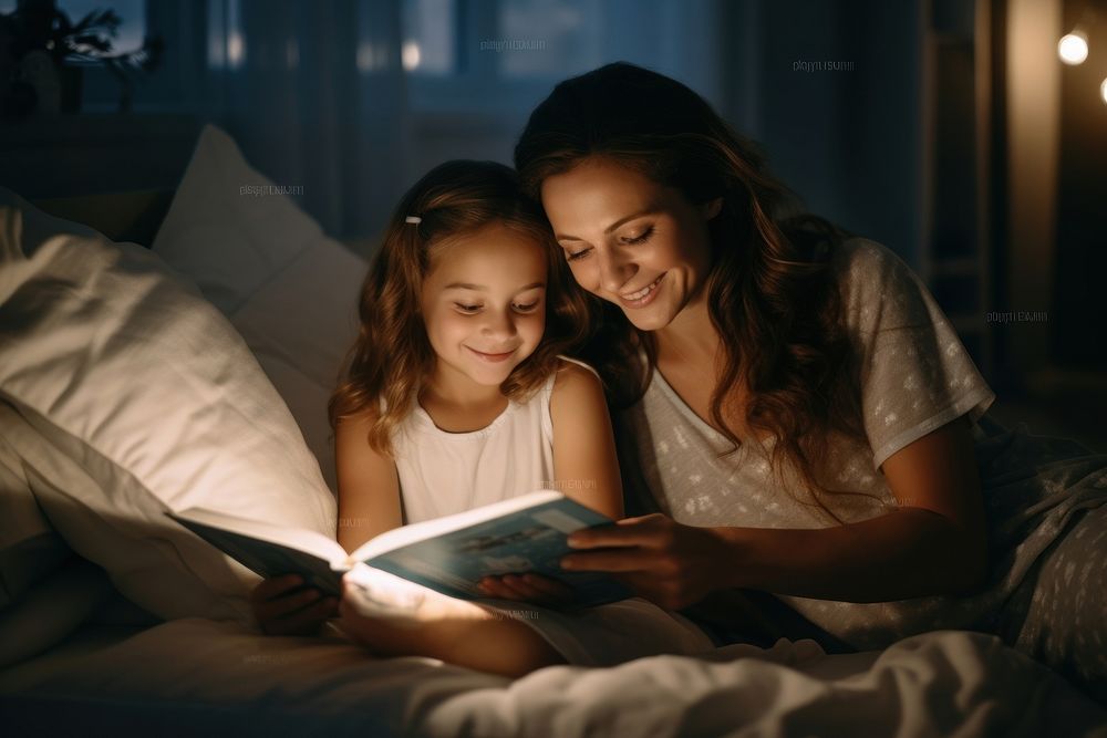 Mother and daughter reading book at night on a bed publication light child.