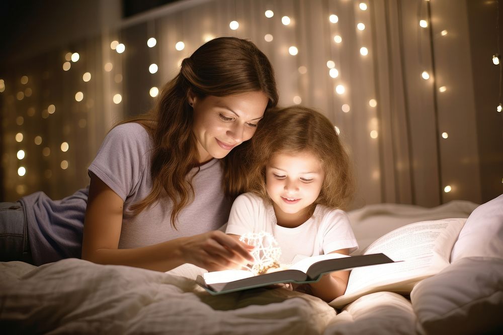 Mother and daughter reading book at night on a bed publication child togetherness.
