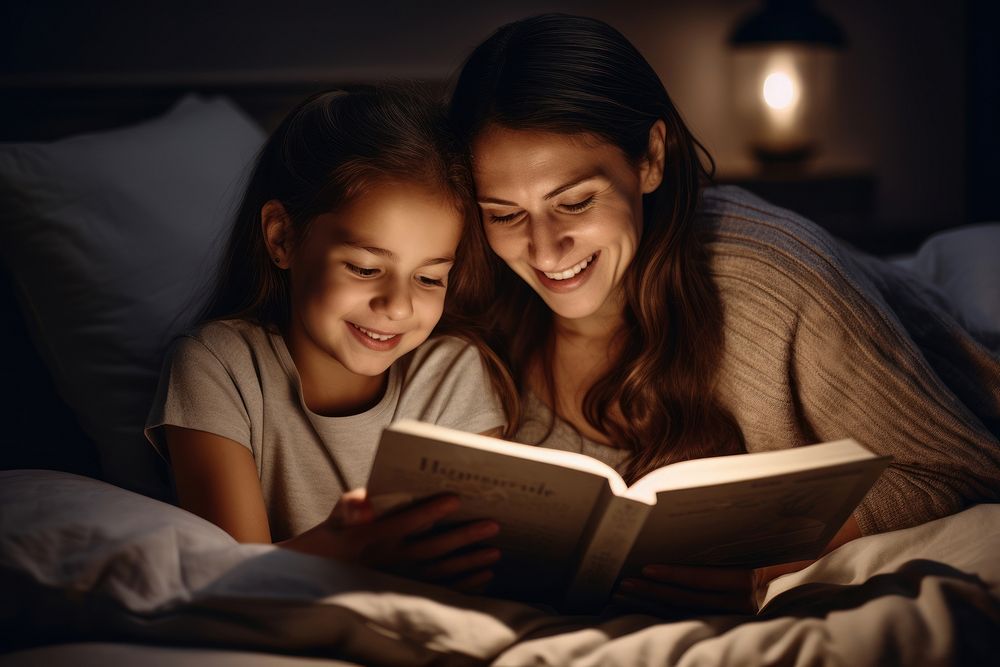 Mother and daughter reading book at night on a bed publication child togetherness.