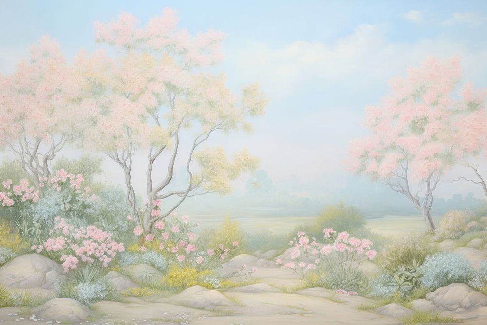 Painting of bush bloom border backgrounds outdoors nature.
