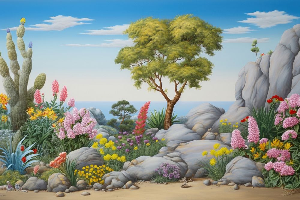 Painting of bush bloom border landscape outdoors nature.