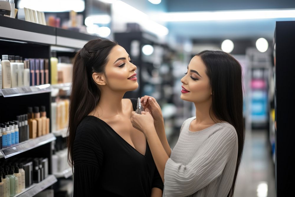 Two hispanic women shopping cosmetics adult store.