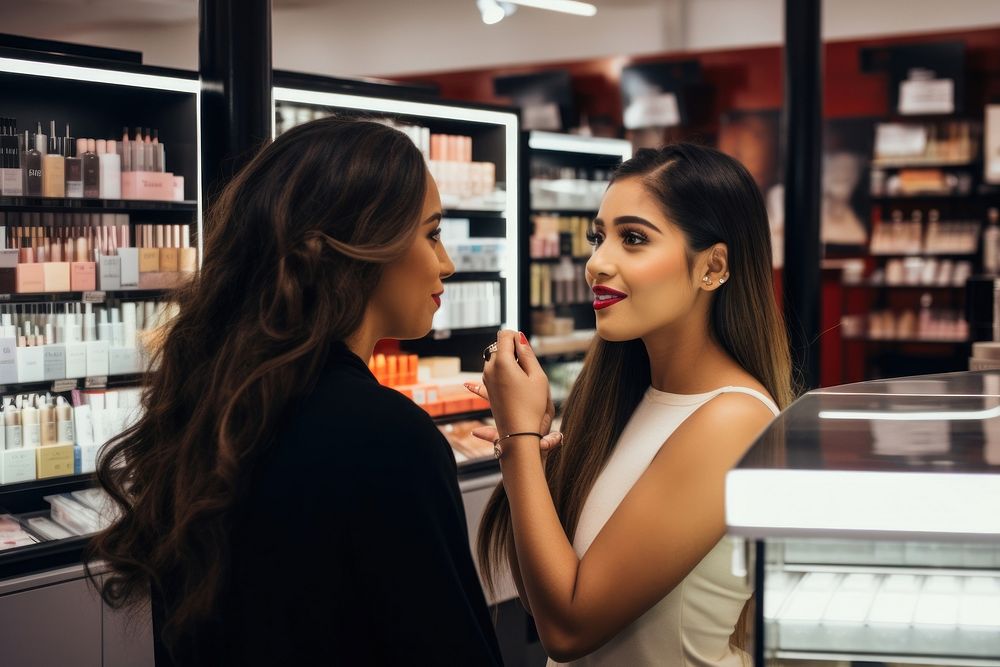 Two hispanic women shopping cosmetics lipstick adult.