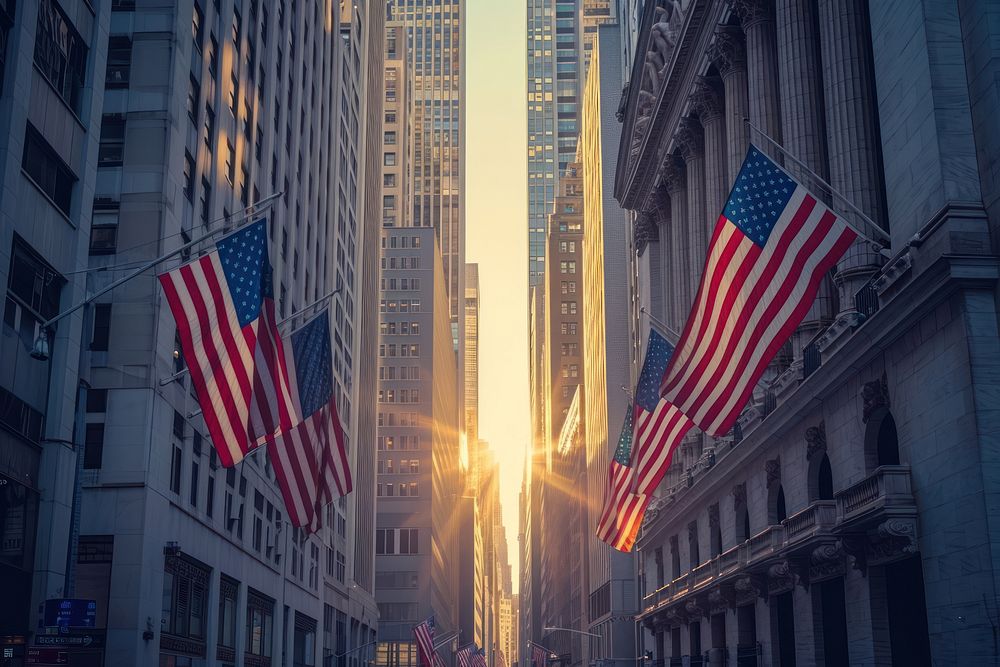 Wall street with America flags architecture metropolis cityscape.