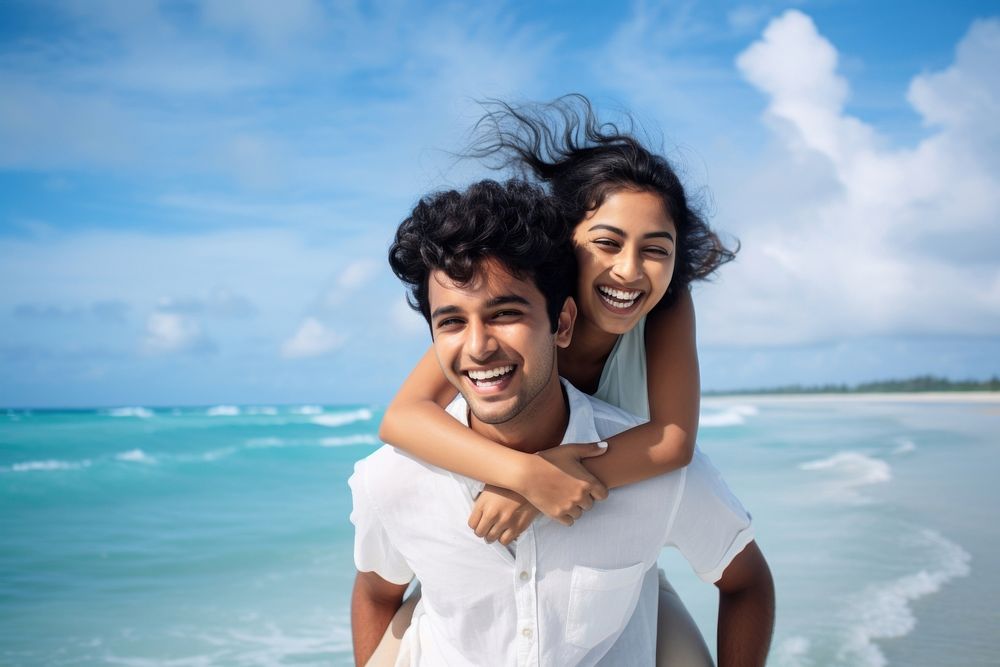 Young South Asian couple laughing beach adult. AI generated Image by rawpixel.