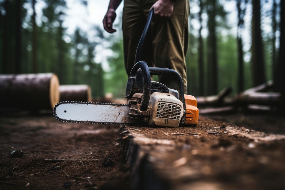 Person holding chainsaw next to lumber forest adult tool.