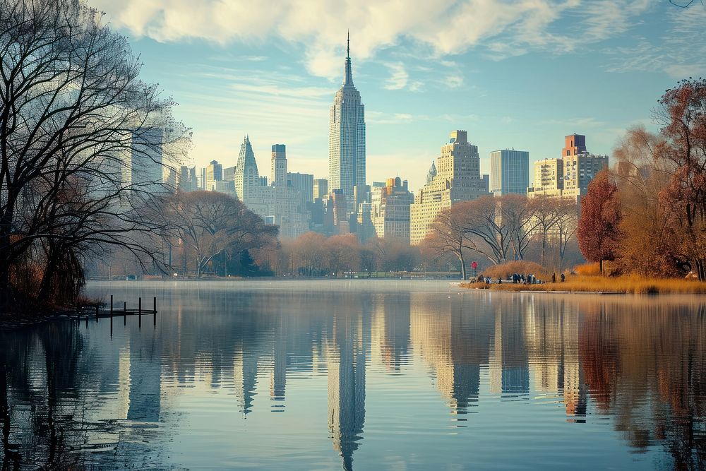 New york city with empire state building by lake in America architecture landscape cityscape.