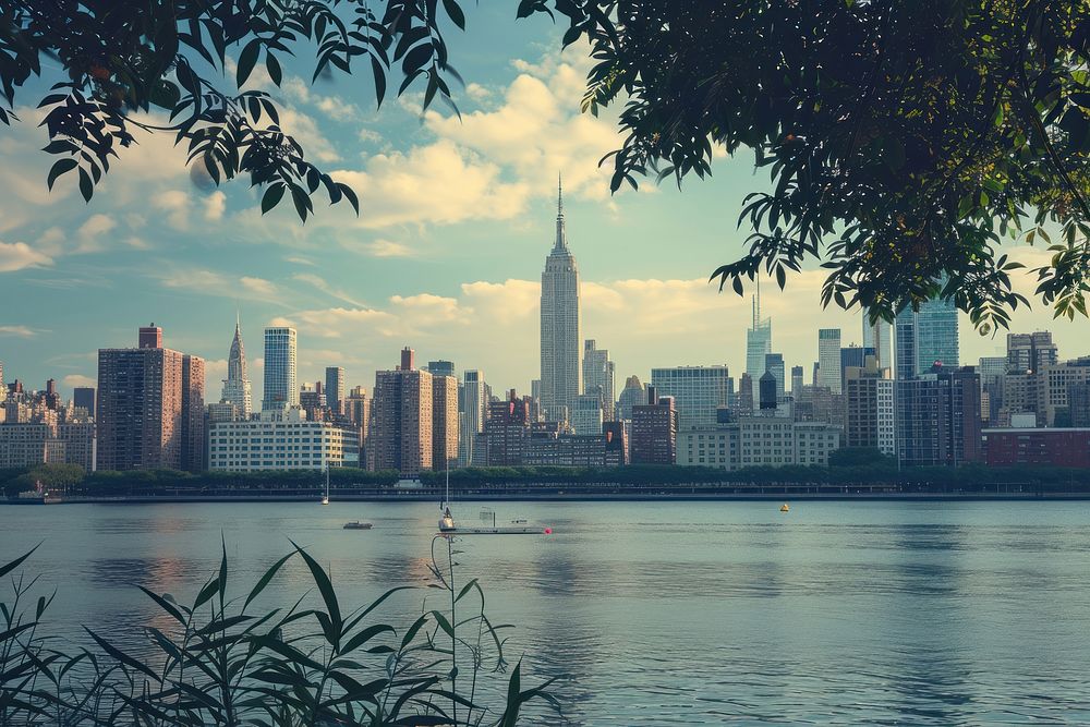 New york city with empire state building by lake in America architecture cityscape tower.