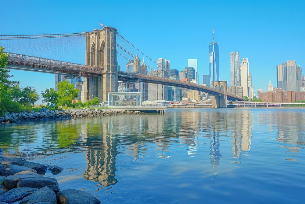 Distant shot of the brooklyn bridge on the body of water near skyscrapers in new york in America architecture cityscape…
