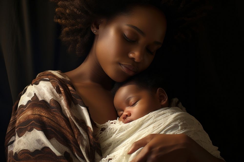 Black mom holding sleeping infant portrait newborn photo.