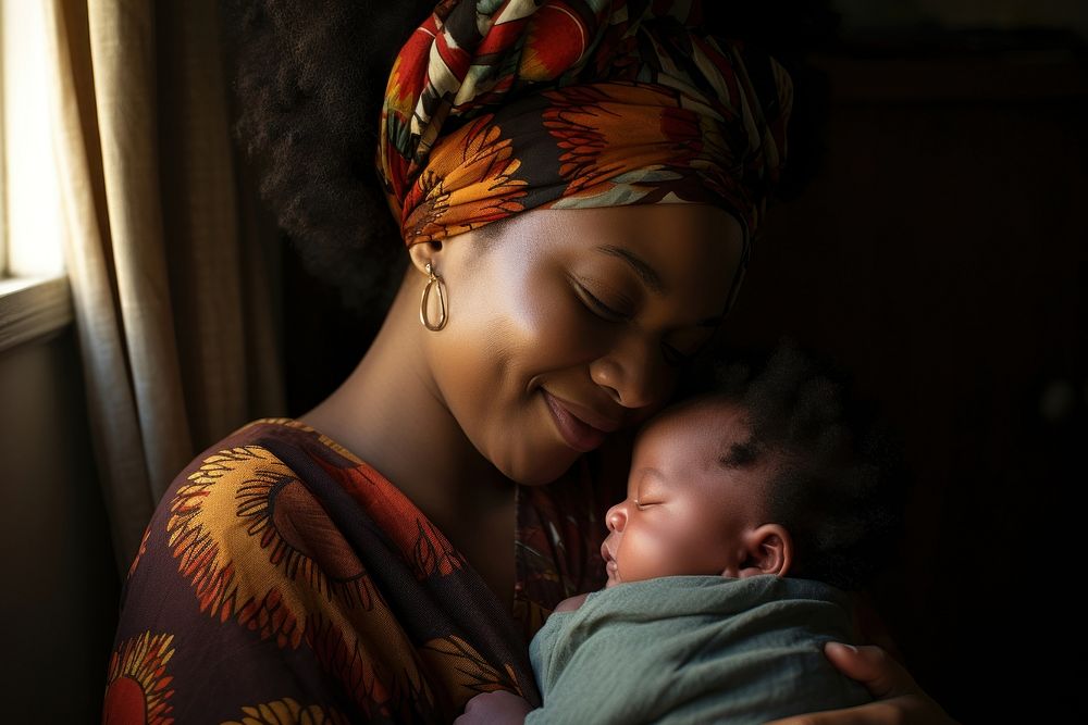 Black mom holding sleeping infant portrait newborn photo.