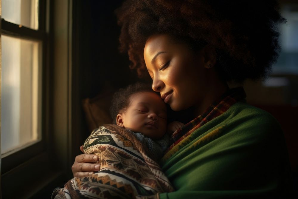Black mom holding sleeping infant portrait adult photo.