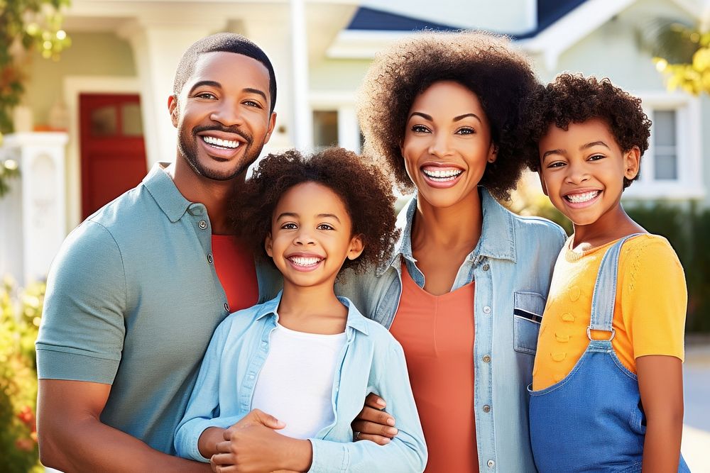 Happy black family standing adult child.