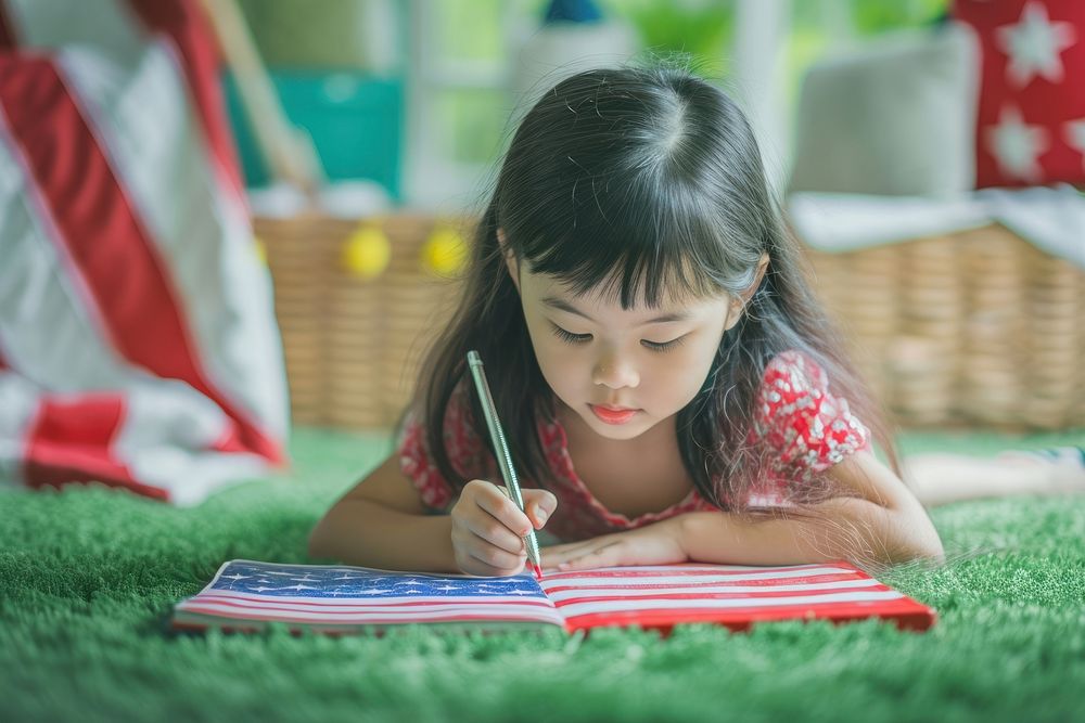 Happy child drawing the America flag on book writing concentration publication.