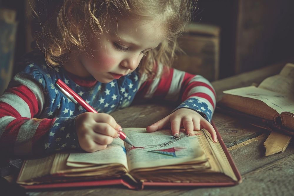 Happy child drawing the America flag on book publication writing reading.
