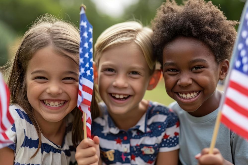 Joyful children with America flags smile togetherness independence.