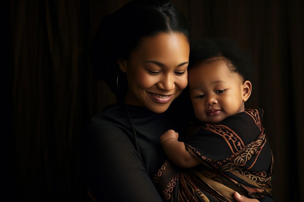Black mother holding her baby portrait smiling adult.