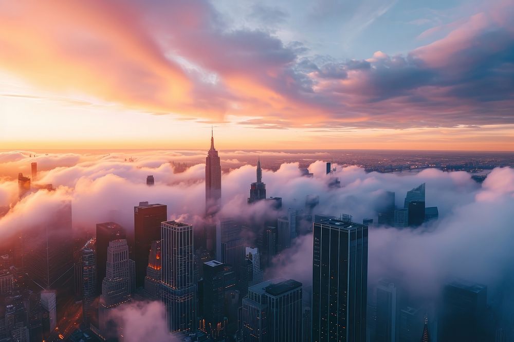 Aerial view of a cityscape with tall skyscrapers during sunset covered with white clouds in America architecture outdoors…