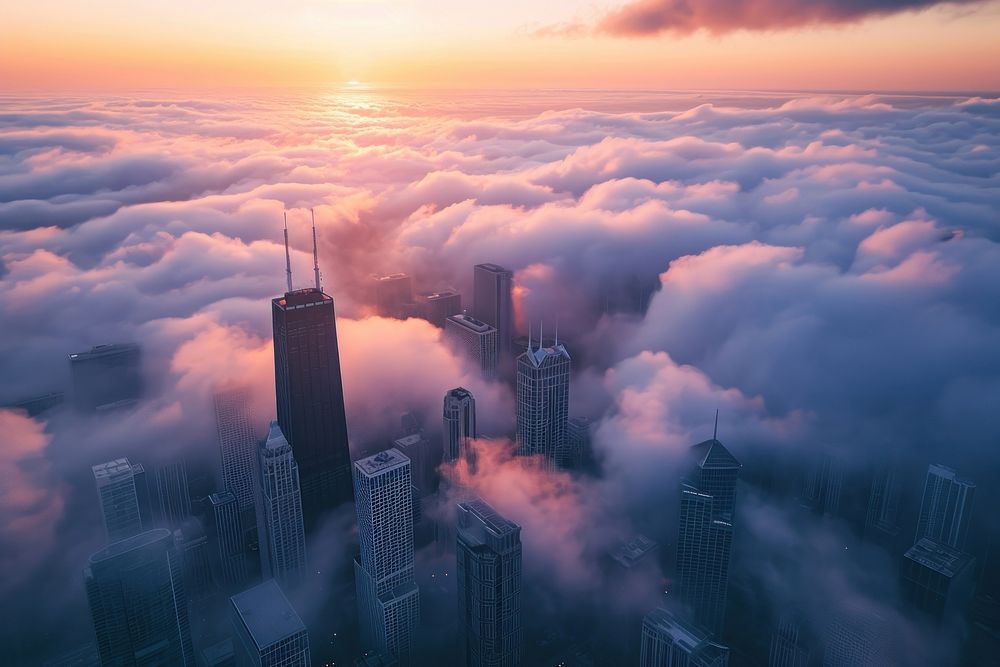 Aerial view of a cityscape with tall skyscrapers during sunset covered with white clouds in America architecture outdoors…