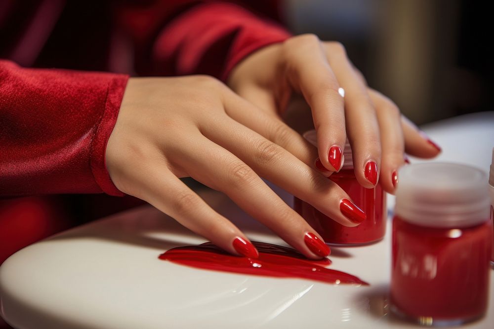 Client getting nail polish on finger cosmetics ketchup hand. AI generated Image by rawpixel.