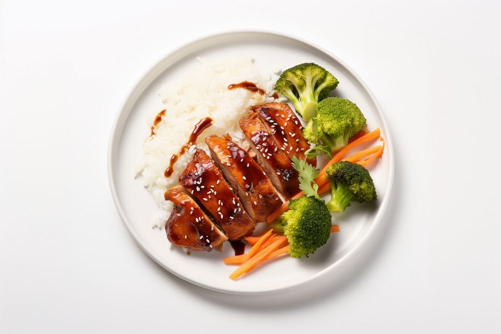 Grilled chicken glazed vegetable plate food.