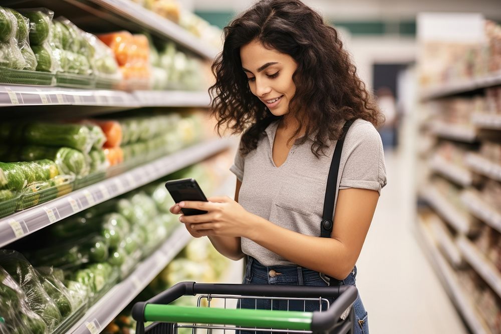 Hispanic woman pay cashless payment market supermarket shopping.