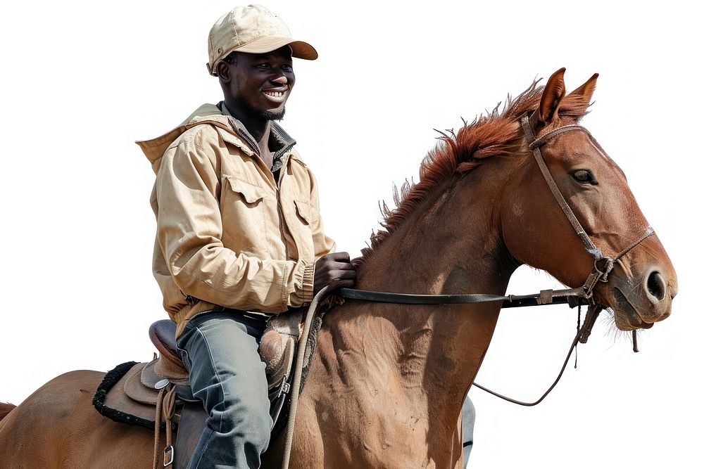 Joyful African man riding horse with safety helmet mammal animal adult.