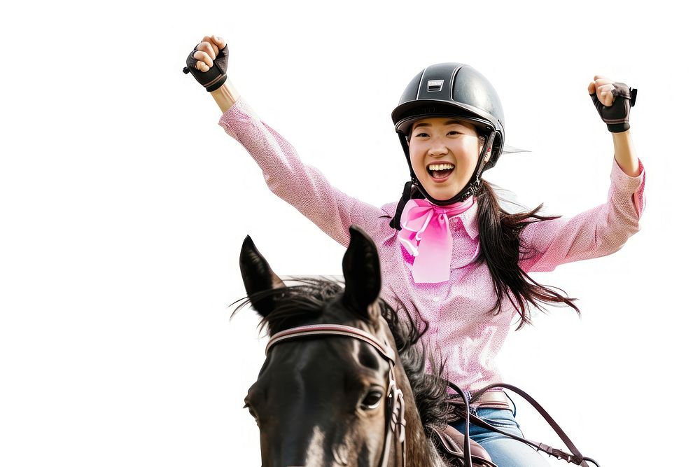 Joyful Asian woman riding horse with safety helmet mammal white background achievement.