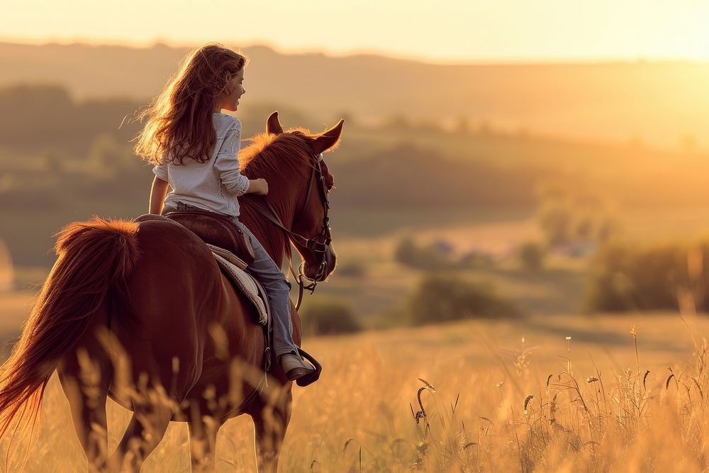 Joyful daughter riding horse with mother landscape mammal animal.