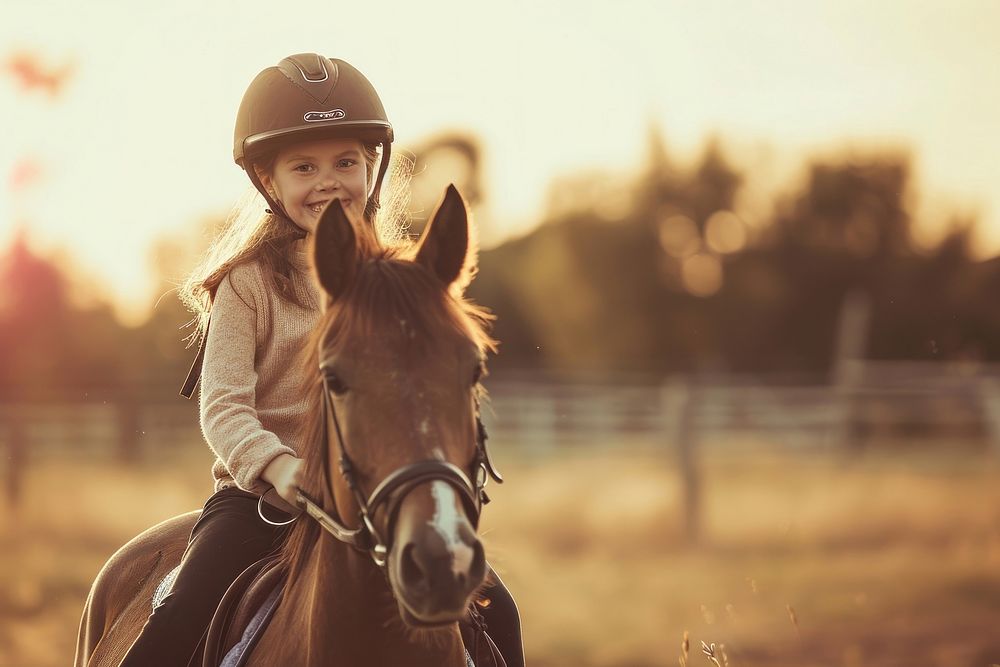 Joyful daughter riding horse with selfty helmet landscape mammal animal.