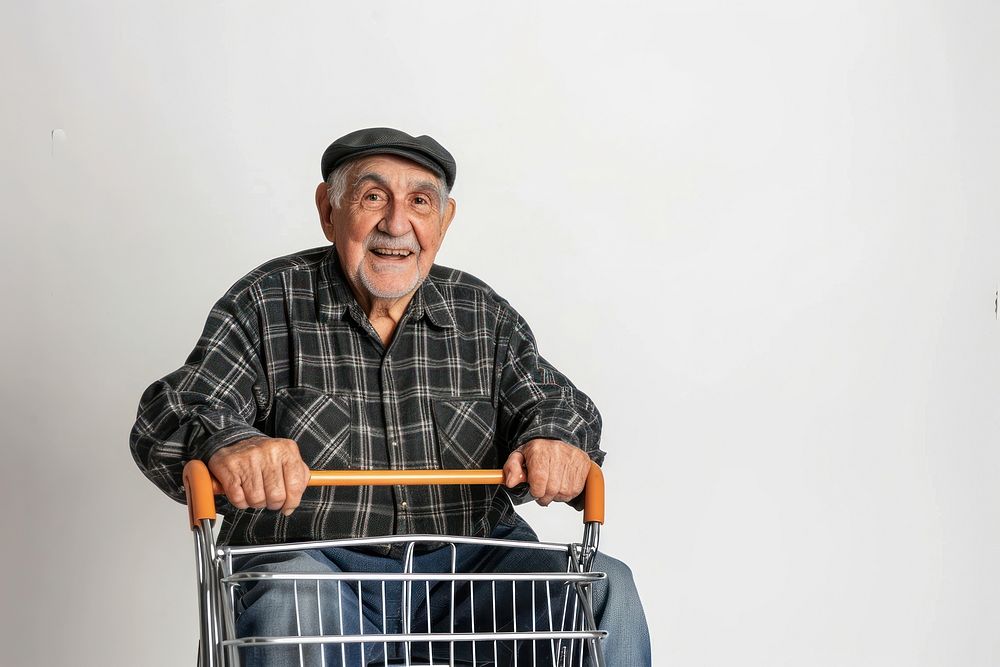 Latin senior man with shopping cart adult wheelchair retirement.