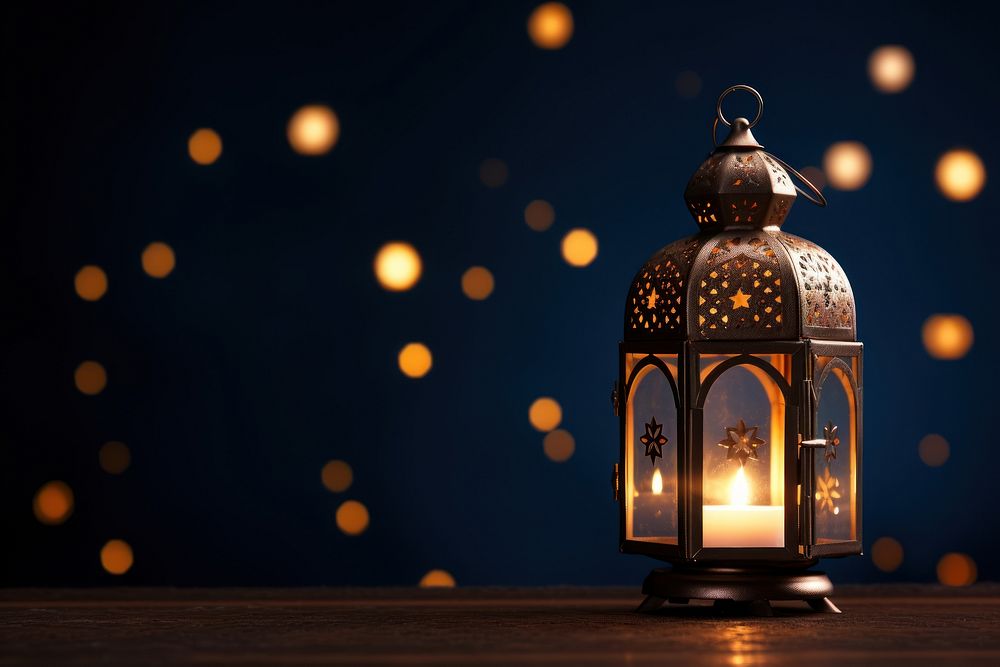 Ornamental Arabic lantern night lighting glowing.