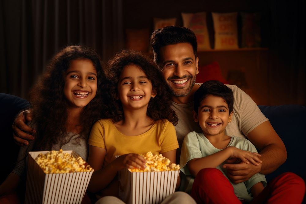 Indian Family portrait popcorn parent. AI generated Image by rawpixel.