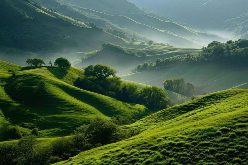 Serene green hills against mountain landscape vegetation grassland.