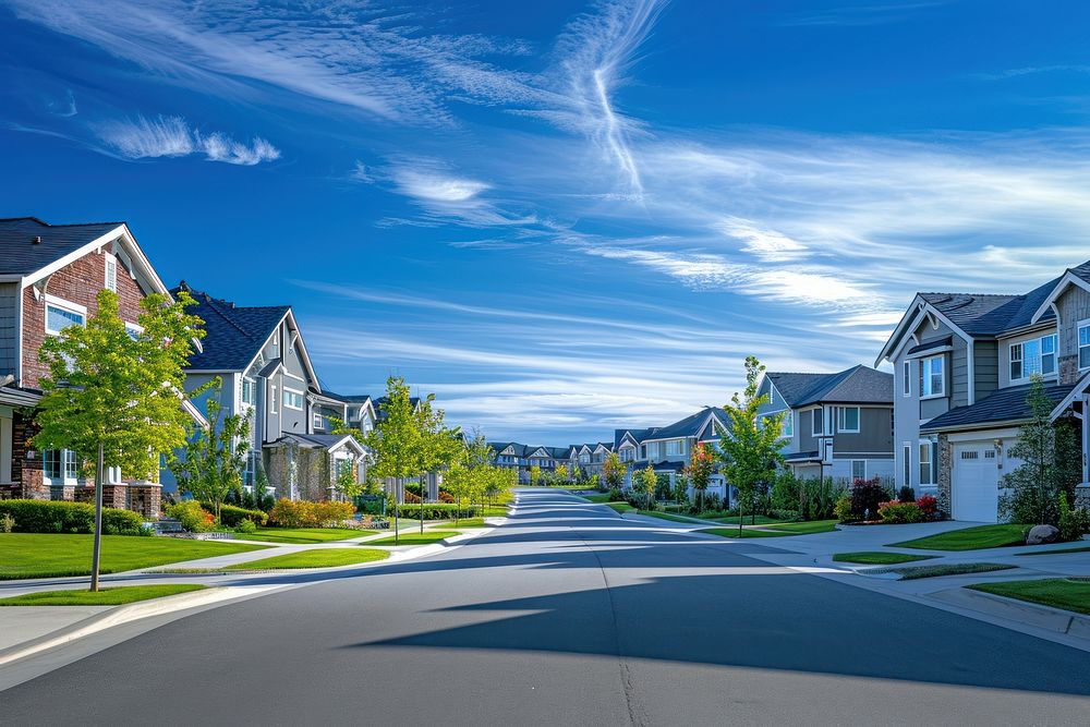 Contemporary neighborhood at curve road landscape suburb sky.