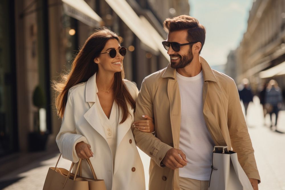 Happy latin couple shopping adult coat bag.