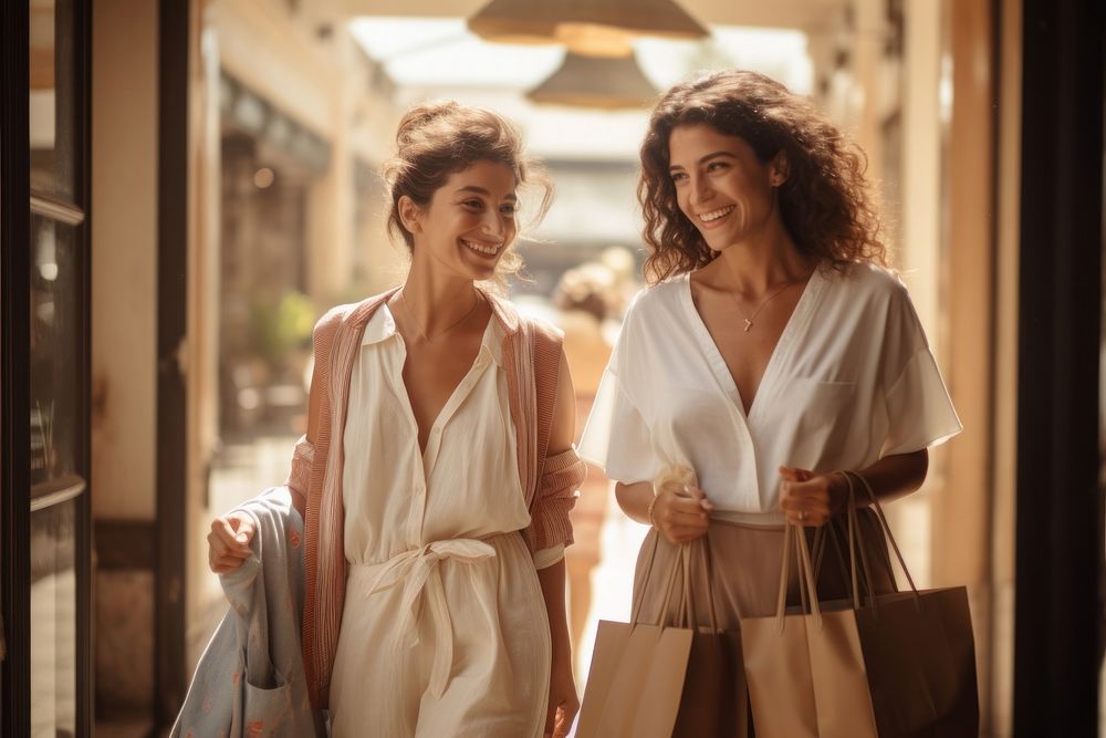 Happy latin women shopping laughing adult bag.