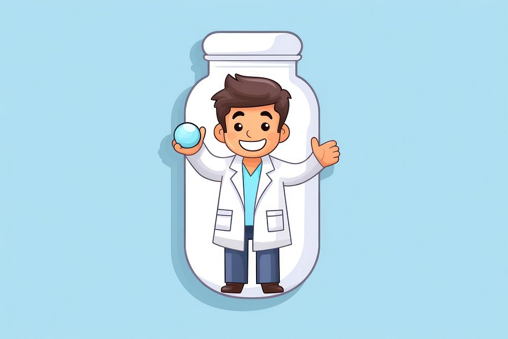 Pharmacist cartoon holding pill biochemistry stethoscope laboratory.