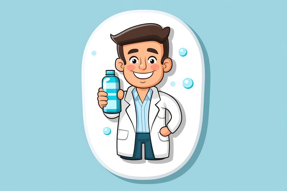 Pharmacist cartoon holding pill refreshment laboratory happiness.
