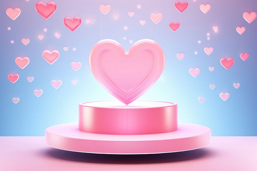 Podium decorated mokcup holographic and Decorated with hearts floating in the air celebration decoration happiness.