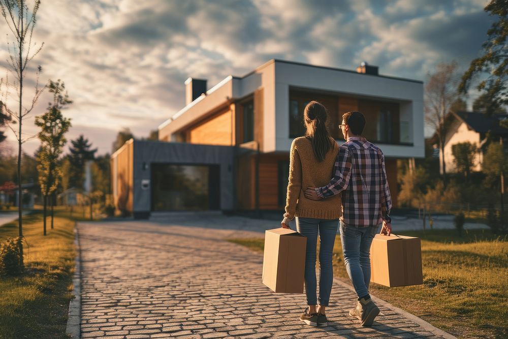 A couple moving to new home architecture building walking.