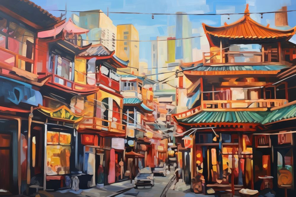 PNG China town in LA painting architecture cityscape. AI generated Image by rawpixel.