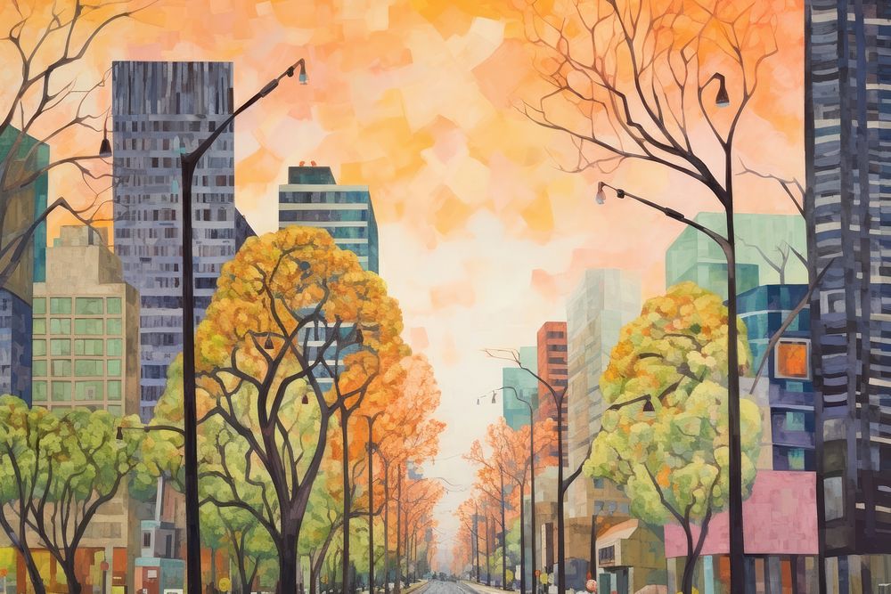 PNG Cityscape in springtime painting street road. AI generated Image by rawpixel.