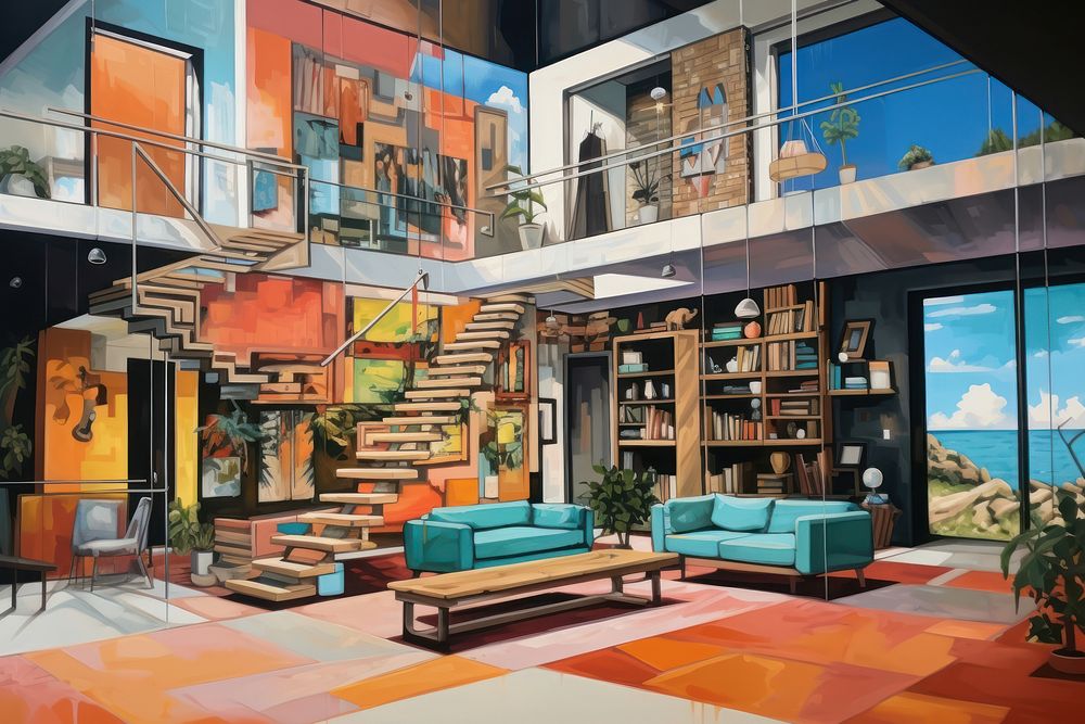 PNG A smart modern house painting architecture furniture. AI generated Image by rawpixel.