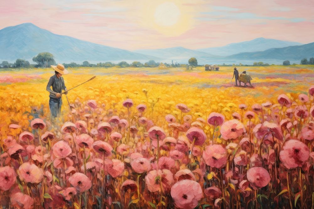PNG Flower field while harvesting painting grassland outdoors. AI generated Image by rawpixel.